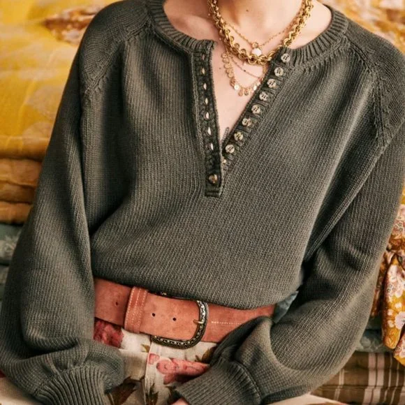 Sezane Olive Green Crew Neck Sweater - Picture 2 of 8